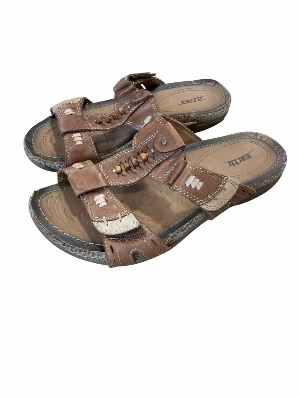 Earth Almond Women’s Size 7 Leather Comfort Wedge Sandals Brown Boho